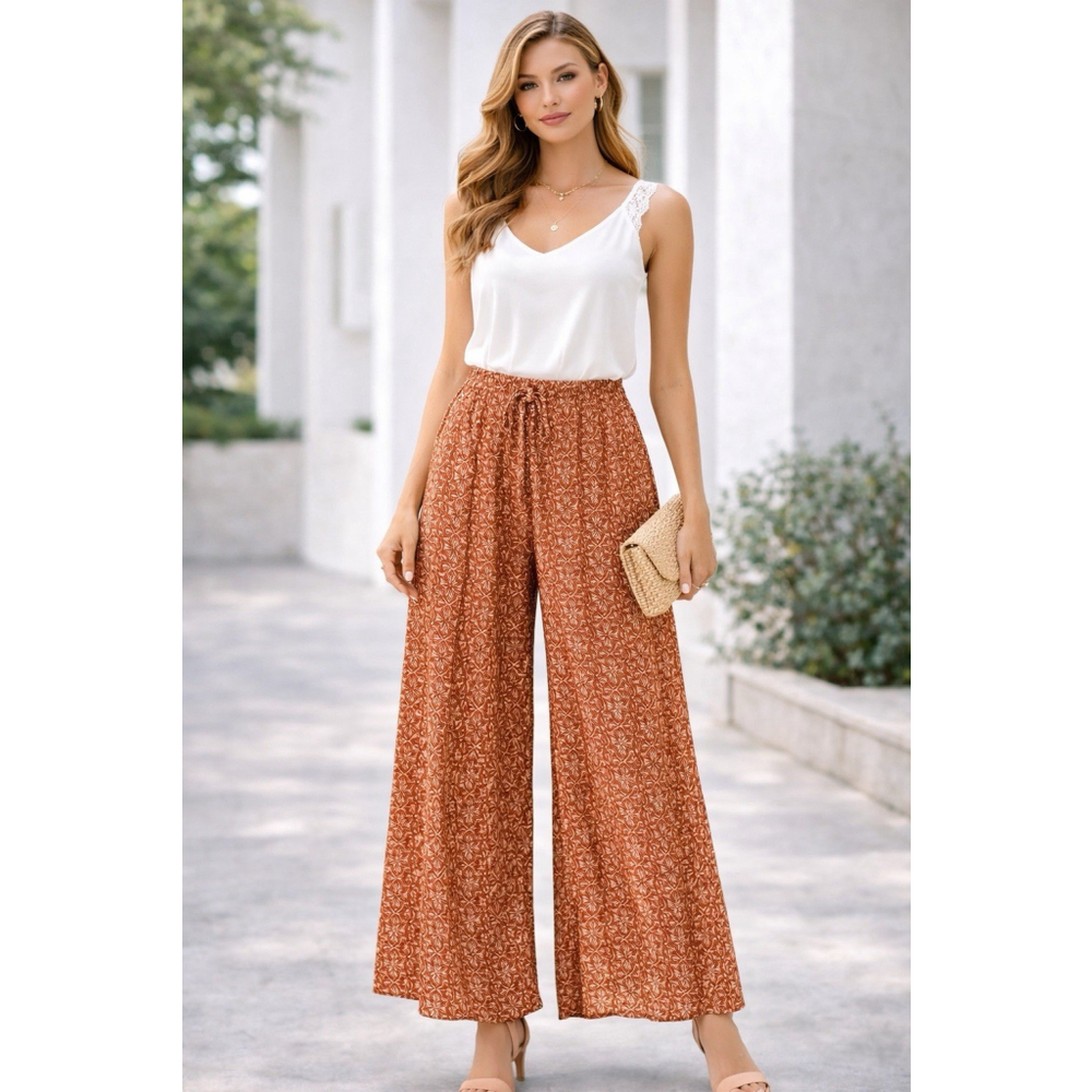 Boho Wide Leg Pants Terracotta Print XS Drawstring, Beach Resor Bohemia comfort - Picture 15 of 15